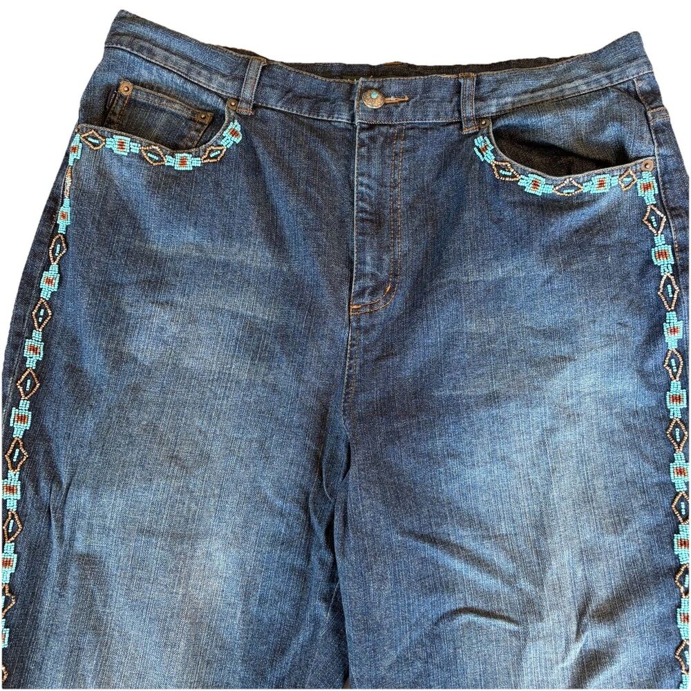Vintage 90s Ralph Lauren Women Southwest Beaded Jeans Size 14W Turquoise Aztec - Picture 6 of 16